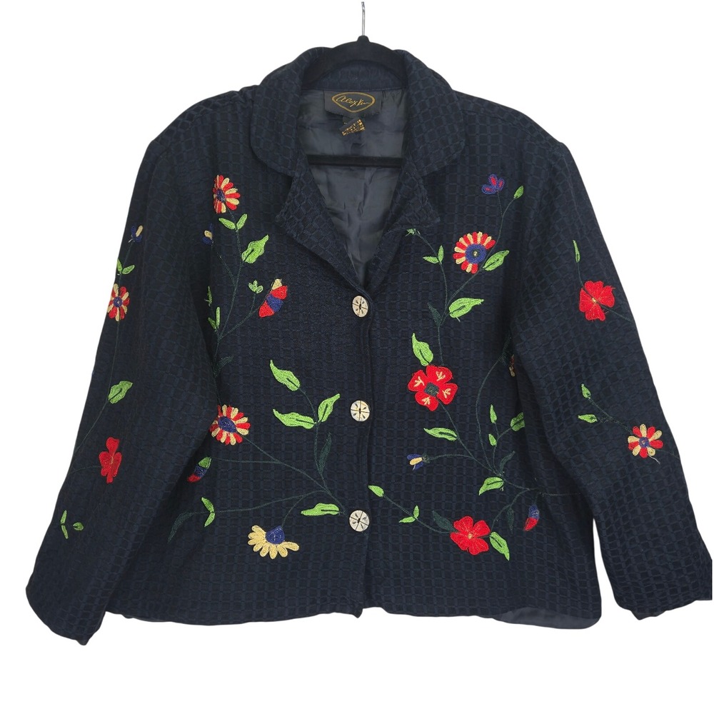 Vintage Alex Kim Womens Jacket Blazer Size 1X Embroidered Floral Whimsical Artsy